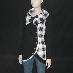 FORUU Fashion Turn-Down Collar Button Plaid Patchwork Top Blouse